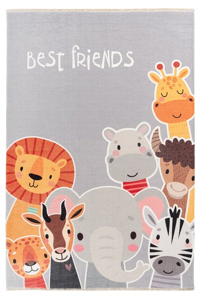 Kinderteppich mit Best Friends Schriftzug und Tiermotiven wie Löwe Giraffe Elefant und Zebra