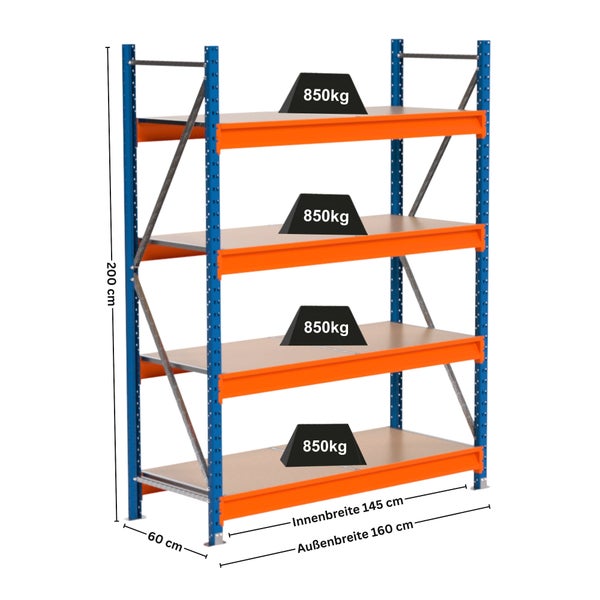 Steckregal mit vier Böden und Maßangaben