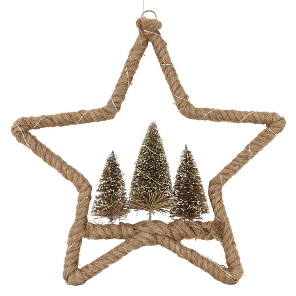 ECD Germany LED Jute Stern Ø40 cm, 50 warmweißen LEDs, Deko Weihnachtsstern mit 3 Tannen, Jutesäckchen, Batterien, Timer, Hängestern aus Seil, Lichterstern Weihnachtsbeleuchtung Weihnachtsdeko Innen