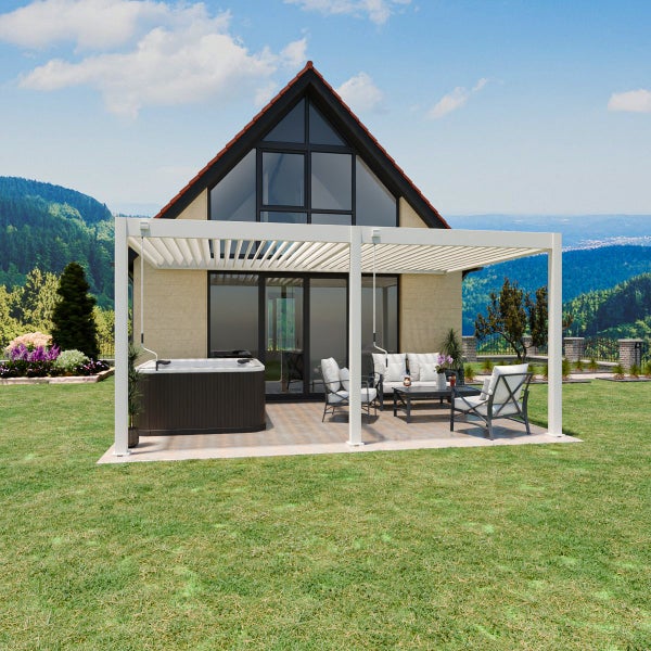 Weide Deluxe Wandpergola 3,6 x 5,3 M - Voll-Aluminium, Lamellendach, Weiß