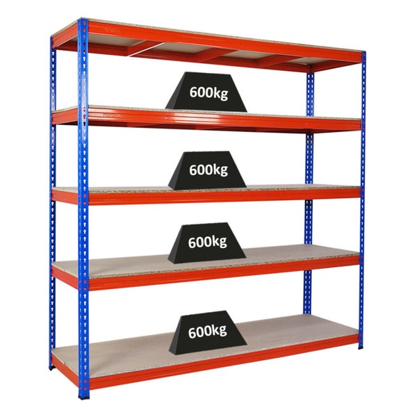 PROREGAL Profi Schwerlastregal Bison HxBxT 200 x 200 x 60 cm 5 Spanplatten-Ebenen 16mm Fachlast 600 kg Blau-Orange
