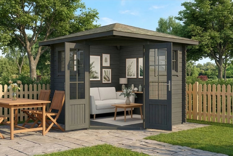 Modernes Gartenhaus aus Holz in Anthrazit mit Eckzugang, eingerichtet als helle Lounge mit Sofa und Tisch auf einer Terrasse im Garten.