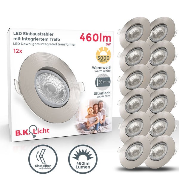 Einbaustrahler 68mm 12er Set - 230V, 4,9W, 480lm, LED, warmweiß, matt-nickel