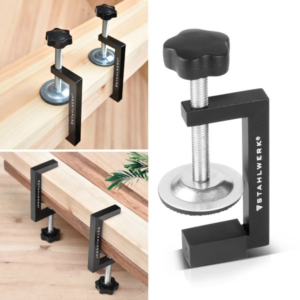 Stahlwerk Schraubzwinge aus Metall für Holzarbeiten, einzeln und in Anwendung an Holzbrettern dargestellt.