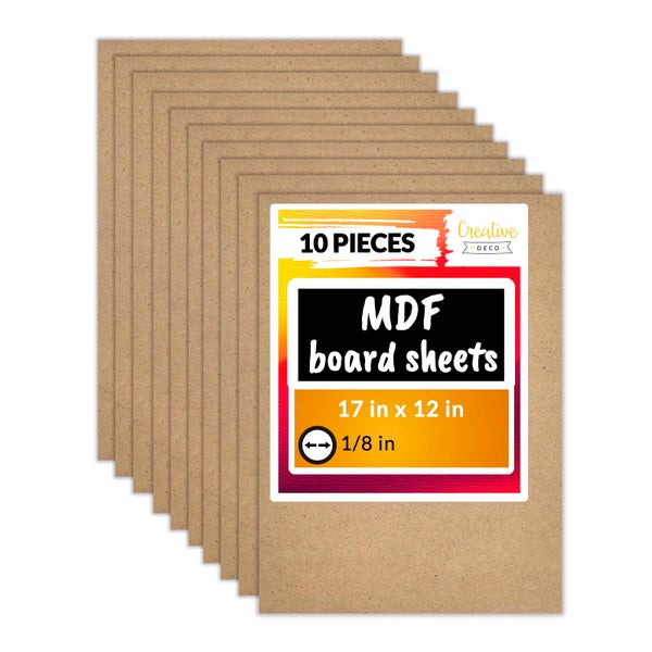 10 Stück MDF-Platten von Creative Deco, Grösse 17 mal 12 Zoll und ein Achtel Zoll dick.