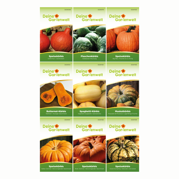 Neun verschiedene Samentüten für Kürbisse von Deine Gartenwelt, darunter Speisekürbis und Butternutkürbis. Deine Gartenwelt Logo.