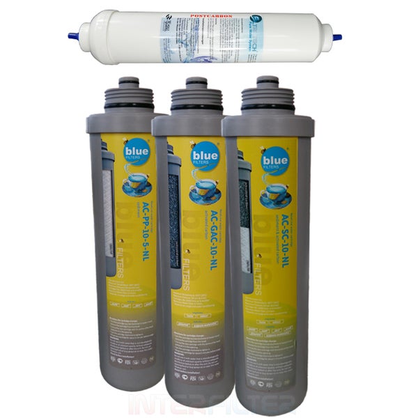 Set mit drei Blue Filters Wasserfilterkartuschen und einer Postcarbon Nachfilterpatrone für Umkehrosmoseanlagen.