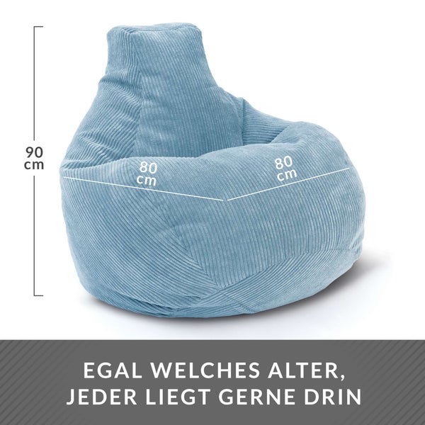 Green Bean Sitzsack mit Rückenlehne 80x80x90cm - Gaming Chair mit 230L Füllung Cordstoff - Bean Bag Bodenkissen Lounge Sitzhocker Relax-Sessel Gamer Gamingstuhl Hellblau