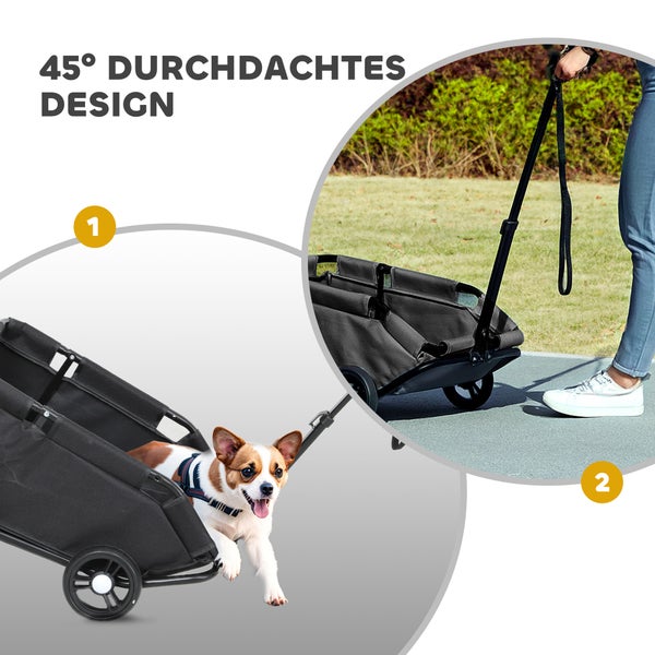 Detailaufnahme eines Bollerwagens mit durchdachtem Design: Ein Hund sitzt darin, während eine Person ihn zieht.