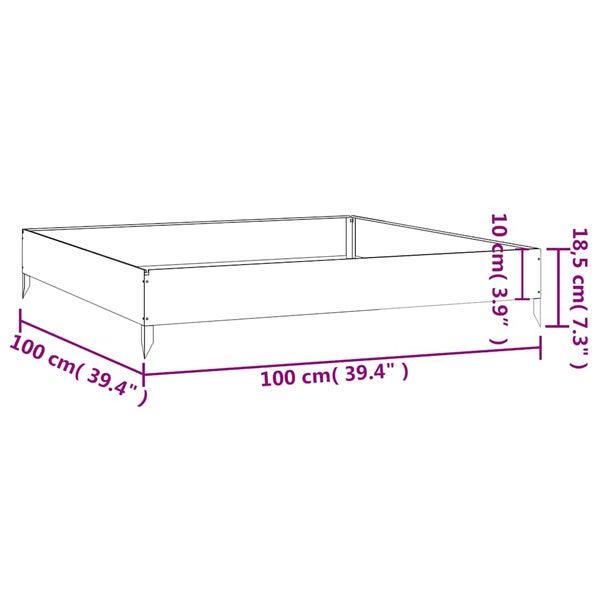 Quadratisches Hochbeet mit Maßen 100 mal 100 Zentimeter, Seitenhöhe 10 Zentimeter und Gesamthöhe 18,5 Zentimeter inklusive Erdspießen.