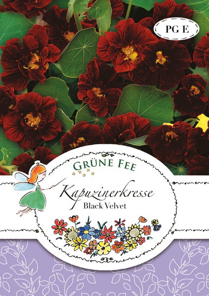 Samentüte Kapuzinerkresse Black Velvet von Grüne Fee mit dunkelroten Blüten.