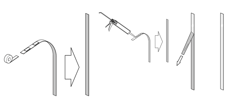 Illustration zur Montage von Paneelen mit Klebeband und Montagekleber