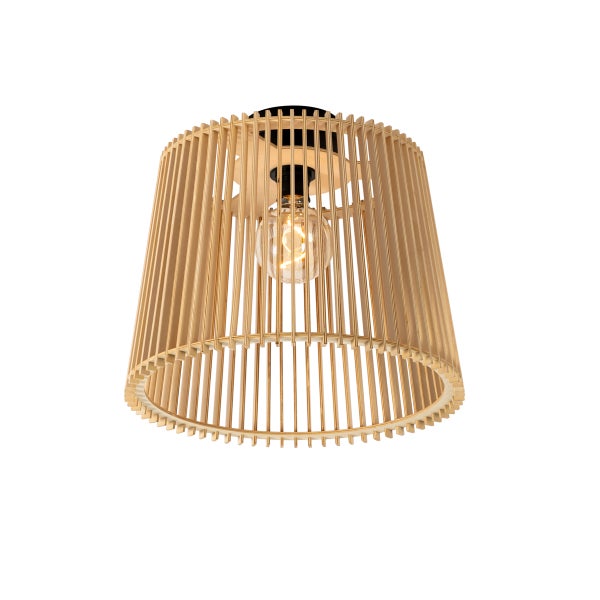 Moderne Deckenleuchte mit einem Lampenschirm aus Holzlamellen und einem sichtbaren Leuchtmittel.