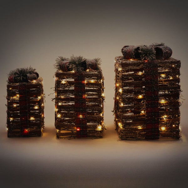 ECD Germany 3er Set LED Geschenkboxen, Braun, Rattan geschneit, batteriebetrieben mit Timer, Weihnachtsdeko Weihnachten Geschenk Beleuchtet Weihnachtsbaum Dekoration Weihnachtsgeschenkbox Leuchtkästen