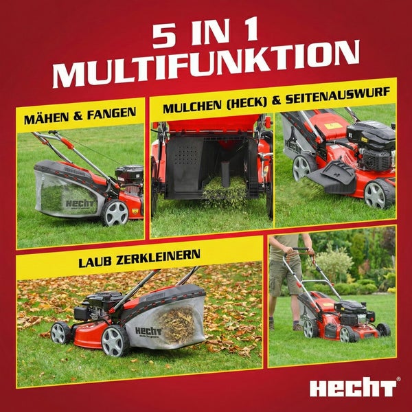 Multifunktions-Rasenmäher Hecht 5 in 1 mit verschiedenen Funktionen wie Mähen, Fangen, Mulchen, Heckauswurf und Laub zerkleinern