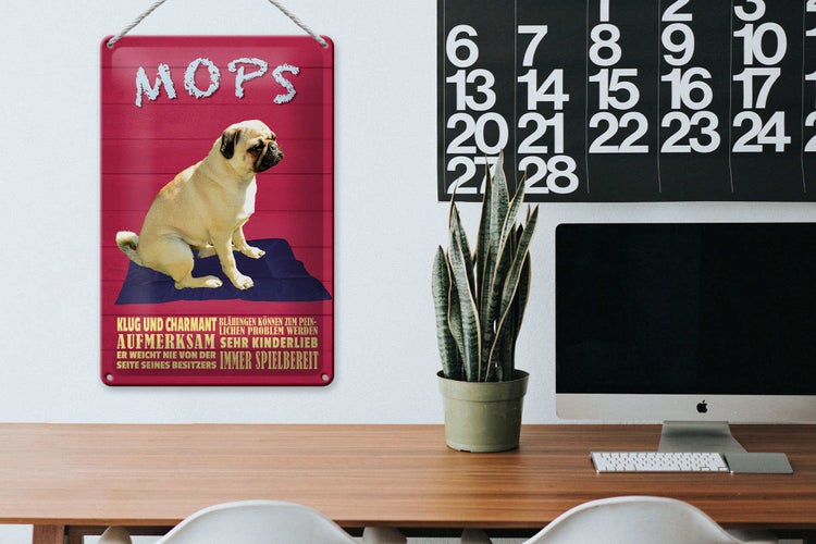 Blechschild Spruch 20x30cm Mops Hund klug und charmant
