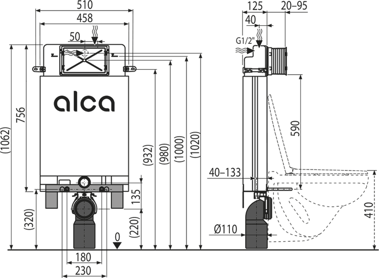 Maßzeichnung eines alca WC-Vorwandelements mit Vorder- und Seitenansicht sowie detaillierten Maßangaben in Millimetern.