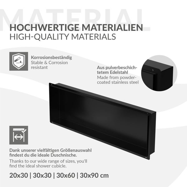 Schwarze Duschablage als Wandnische, Edelstahl pulverbeschichtet, korrosionsbeständig, verschiedene Größen bis 30x90 Zentimeter.