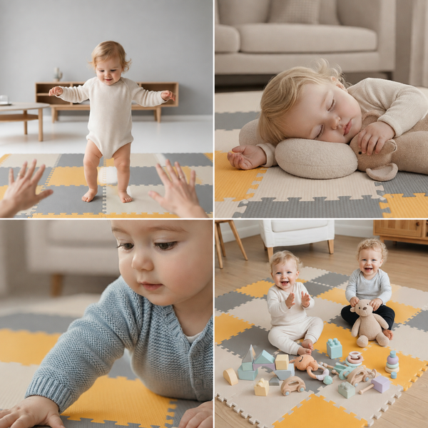 Ein Kleinkind auf einer Puzzlematte aus Schaumstoff in einem Wohnzimmer, beim Spielen, Krabbeln und Ausruhen auf dem weichen Spielteppich.