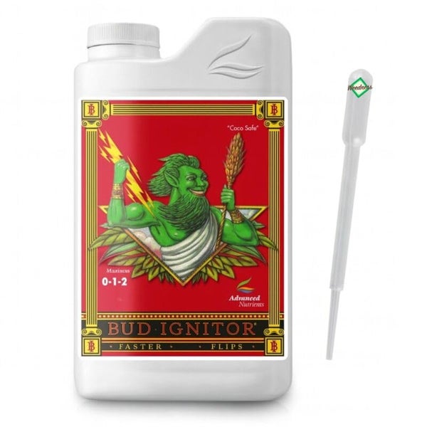 Advanced Nutrients Bud Ignitor Blütestimulator in einer Kunststoffflasche mit Pipette.
