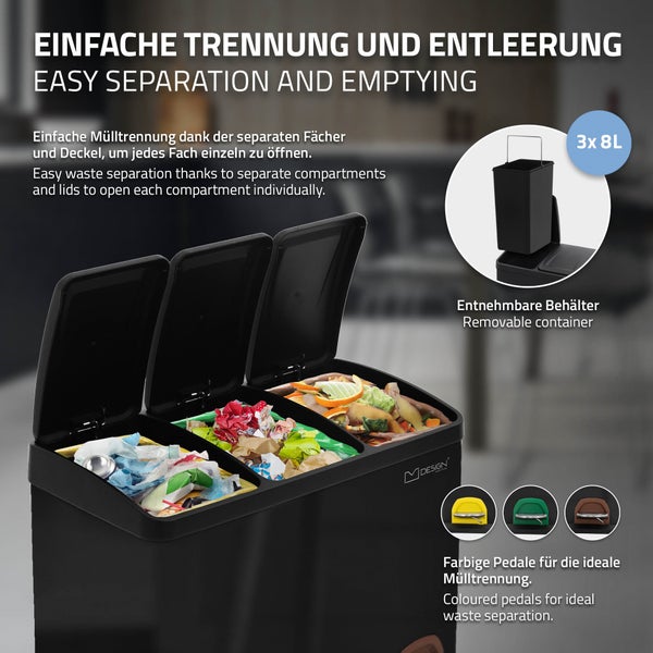 ML-Design Mülleimer Küche 3x 8L (24Liter), Schwarz, Mülltrennsystem 3 Fächer, Treteimer zur Mülltrennung, Abfalleimer aus Stahl mit Inneneimer aus Kunststoff & Klappdeckel, farblicher Kennzeichnung