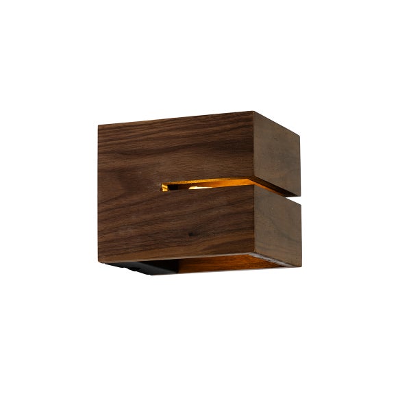 Moderne Wandleuchte aus dunklem Holz in quaderförmigem Design mit indirekter Lichtausstrahlung.