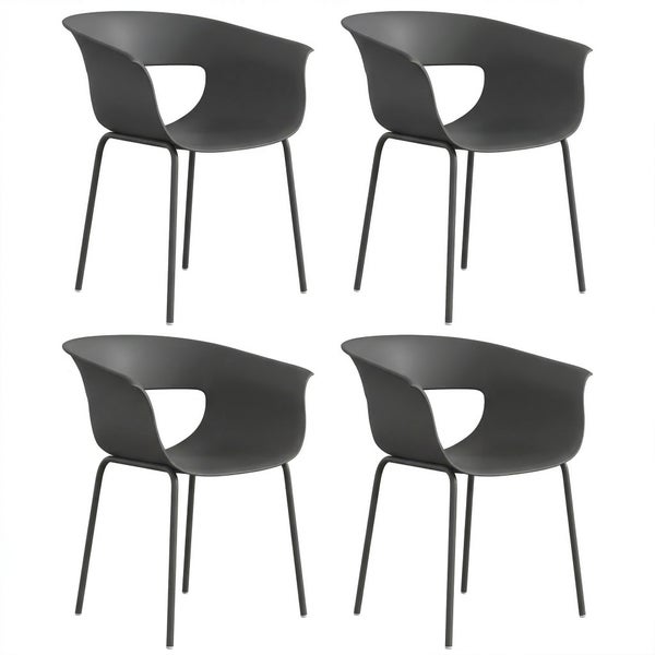 Vierer-Set moderne Esszimmerstühle mit Kunststoffschalen und Metallbeinen in minimalistischem Design für den Innenbereich