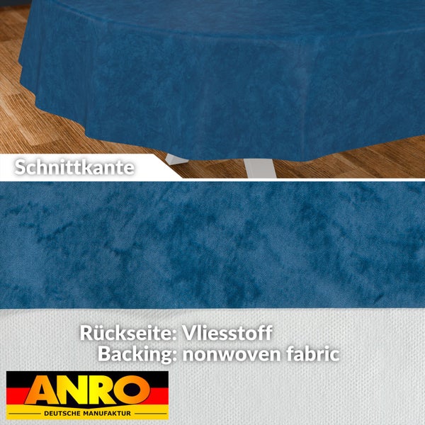 Blaue abwaschbare Tischdecke mit marmorierter Oberfläche, Schnittkante und Rückseite aus Vliesstoff. ANRO Logo.