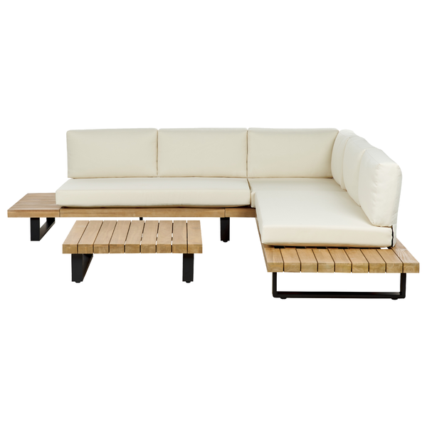 Garten Ecksofa mit Tisch 5-Sitzer MYKONOS rechtsseitig zertifiziertes Akazienholz Cremeweiß