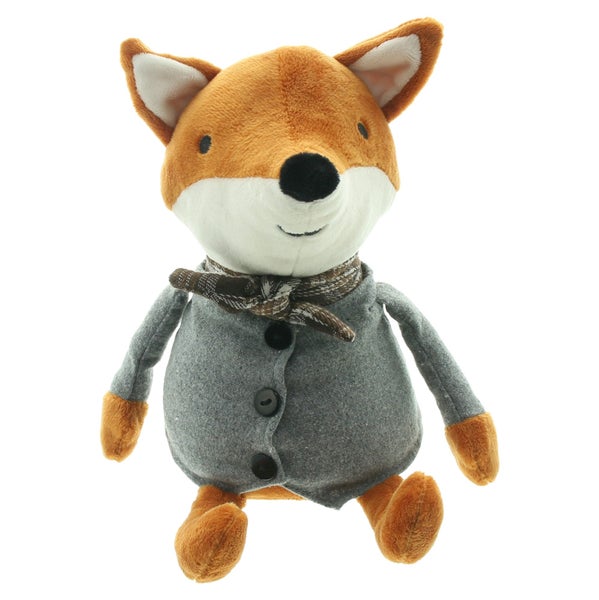 Stofftier Fuchs mit Jacke und Schal, weiches Plüschtier als dekoratives Wohnaccessoire.