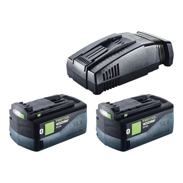 Festool Energie-Set mit zwei 18 Volt 5,0 Amperestunden Li-HighPower Bluetooth-Akkus und einem Airstream-Schnellladegerät.