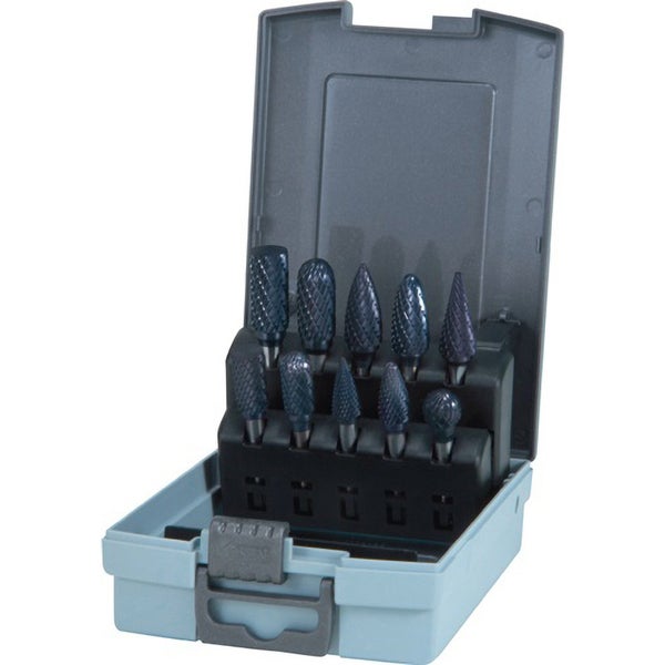 10-teiliges Hartmetall-Fräser-Set in einer Kunststoffbox.