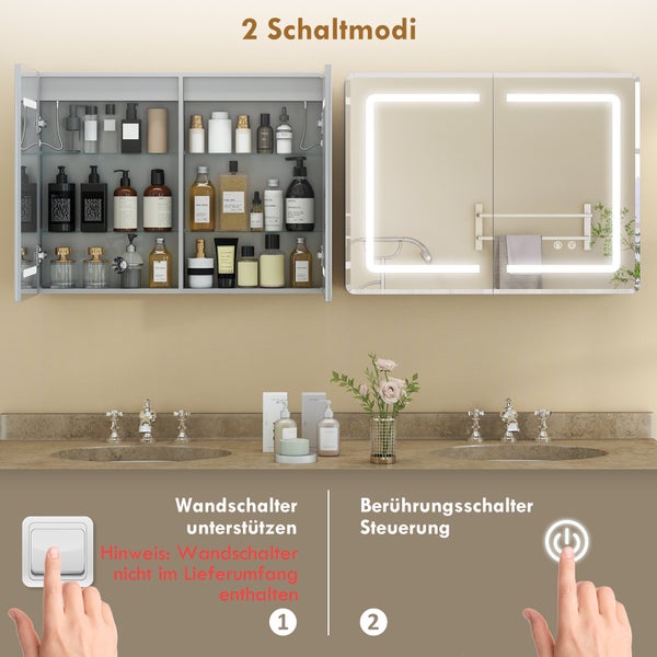 Spiegelschrank mit LED-Beleuchtung im Bad, zeigt zwei Schaltmodi: Wandschalter-Unterstützung und Berührungsschalter-Steuerung am Spiegel.