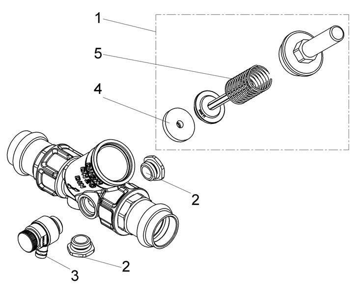 Technische Zeichnung einer Ventilbaugruppe mit nummerierten Einzelteilen wie Feder, Dichtungen und Stopfen.