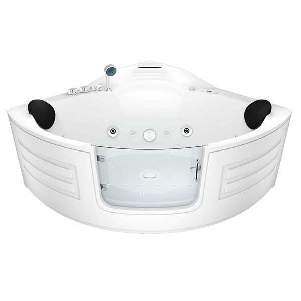 Eck-Whirlpool mit Glaseinstieg, zwei schwarzen Nackenstützen, Handbrause und Massagedüsen.