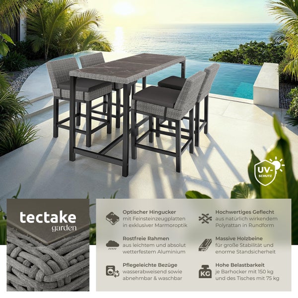 Rattan Tisch Lovas mit 4 Stühlen Latina tectake  Beine aus Holz mit Aluminiumgestellen grau