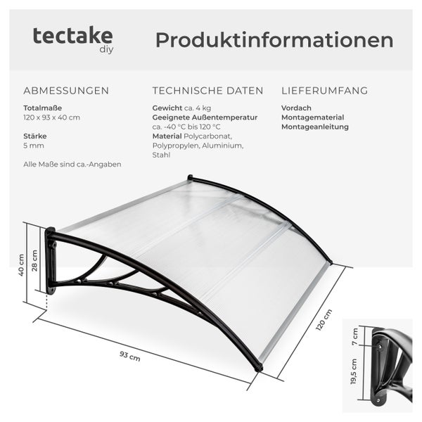 Vordach tectake  120 x 93 cm in Bogenform transparent