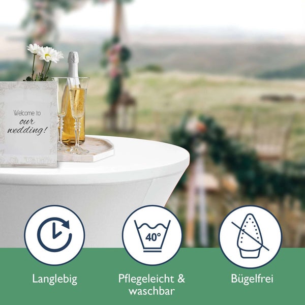 Weiße Stehtischhusse mit Tischdekoration und Symbolen für Langlebigkeit, Pflegeleichtigkeit und Bügelfreiheit