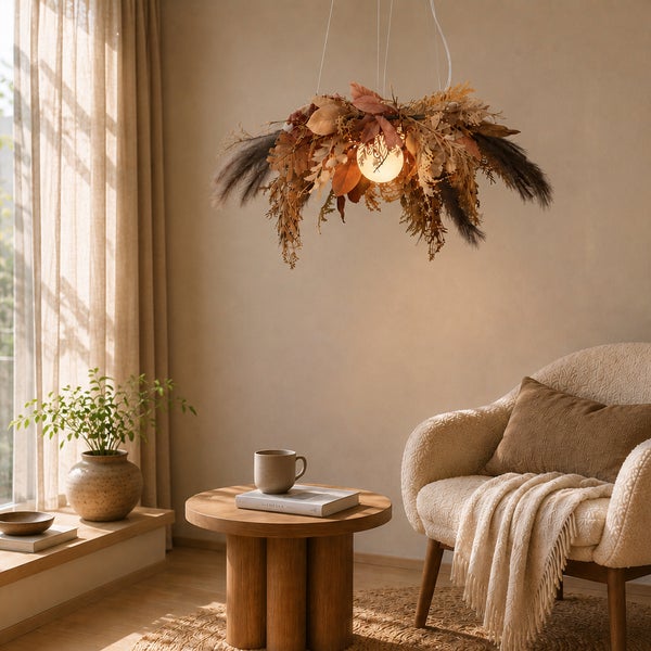 Eine moderne Wohnzimmereinrichtung mit einem beigen Sessel, einem Holztisch und einer dekorativen Hängelampe, die mit Trockenblumen gestaltet ist.