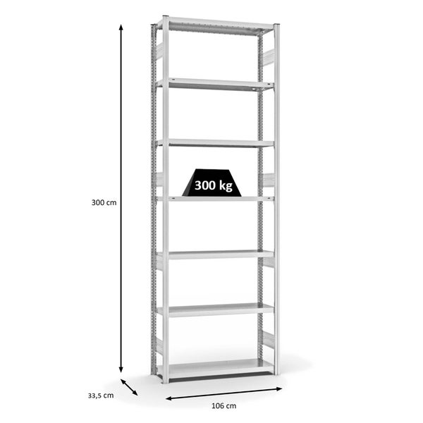 PROREGAL Fachbodenregal Stecksystem T-Profil Heavy-Duty Grundregal HxBxT 300 x 100 x 30 cm 7 Ebenen Fachlast 300 kg Beidseitig Nutzbar Lichtgrau