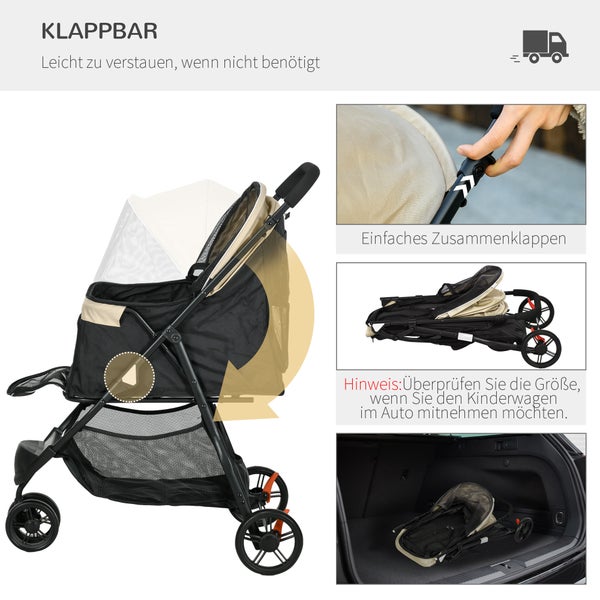PawHut 2 in 1 Hundewagen Hundebuggy mit Regenschutz klappbar für Hunde & Katzen bis 10 kg Katzenbuggy mit Kissen Netzfenstern Türen Aufbewahrungskorb Katzenwagen Buggy Khaki