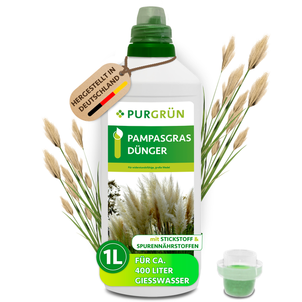 Purgrün Logo, Pampasgras Dünger, 1 Liter für circa 400 Liter Gießwasser, mit Stickstoff und Spurennährstoffen, Hergestellt in Deutschland.