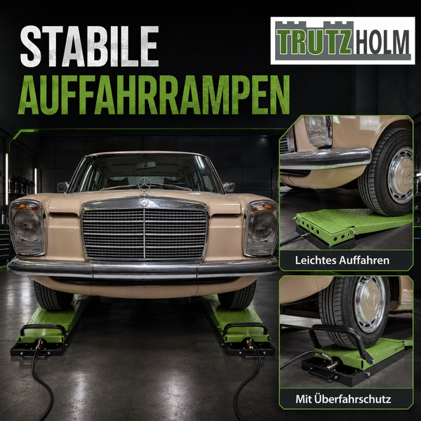 Trutzholm Logo. Klassischer Personenkraftwagen auf hydraulischen Auffahrrampen aus Metall mit Überfahrschutz und strukturierter Oberfläche.
