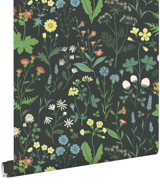 ESTAhome Tapete Feldblumen Multicolor auf Schwarz - 53 cm x 10.05 m - 139392