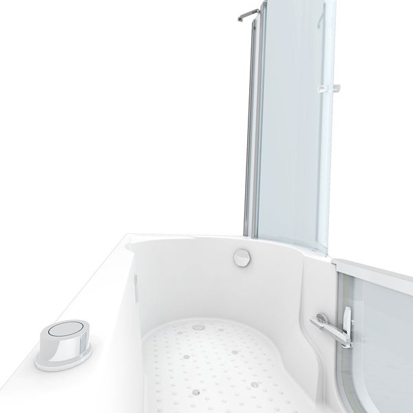 Weiße Sitzbadewanne mit niedriger Einstiegstür aus Glas und einer gebogenen Glas-Duschwand.