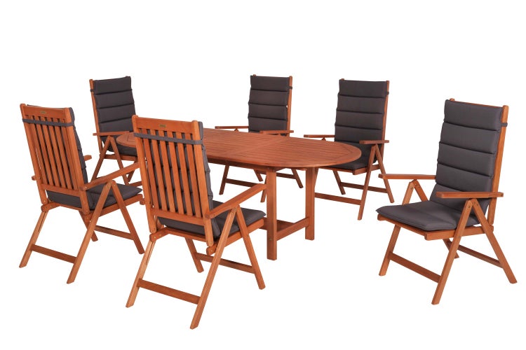 Gartenset mit ovalem Tisch und sechs Stühlen mit Polsterauflagen