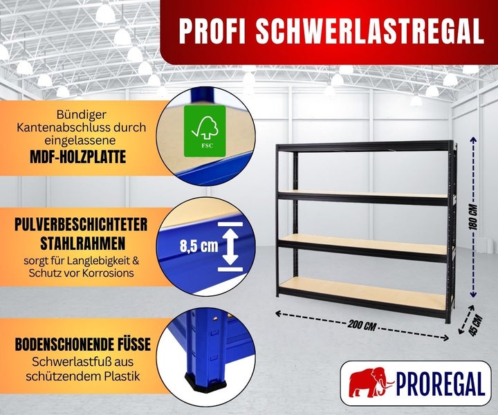 Proregal Profi Schwerlastregal, Stahlrahmen, vier MDF-Platten, nachhaltige Forstwirtschaft, 180 mal 200 mal 45 Zentimeter. Proregal Logo.