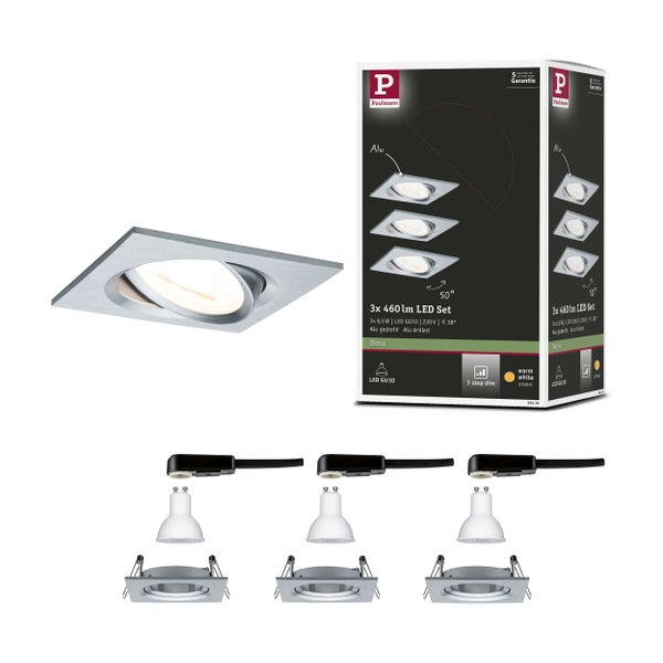 LED Einbauleuchte 3-Step-Dim Nova Basisset schwenkbar eckig 84x84mm 50° GU10 3x6,5W 3x460lm 230V dimmbar 2700K Alu gedreht