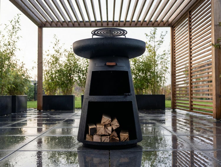 Schwarzer Außenkamin mit Grill und Holzaufbewahrung auf einer Terrasse unter einer Holzpergola mit Bambus im Hintergrund.