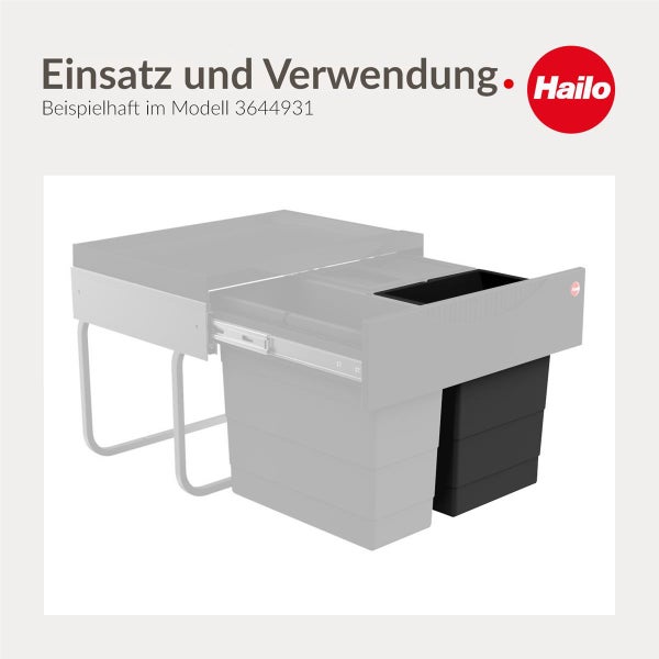 Hailo Logo. Beispielhafte Darstellung von Einsatz und Verwendung eines Hailo Einbau-Abfalltrennsystems am Modell 3644931.